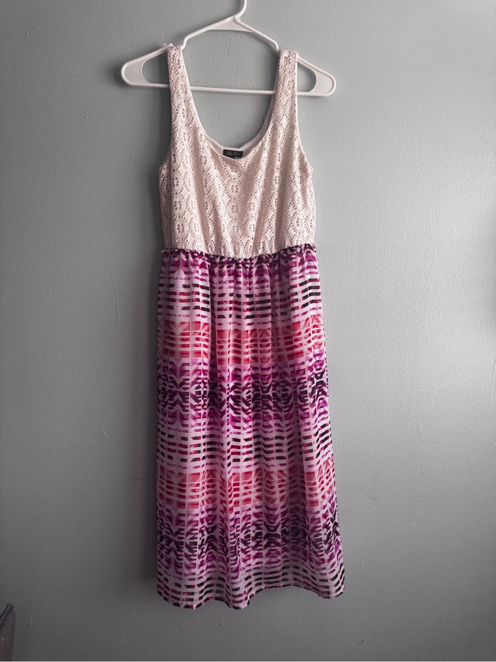 Lily Rose Cream Lace Bodice Pink and Purple Patterned Midi Dress